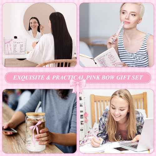 Skylety 6 Pcs Christian Gift Set for Women Includes Bible Journal Religious Pens Pink Bow Cosmetic Bag Glass Cup Pink Stuff Accessories Cancer Awareness Gifts for Women Mom Sunday School Teacher
