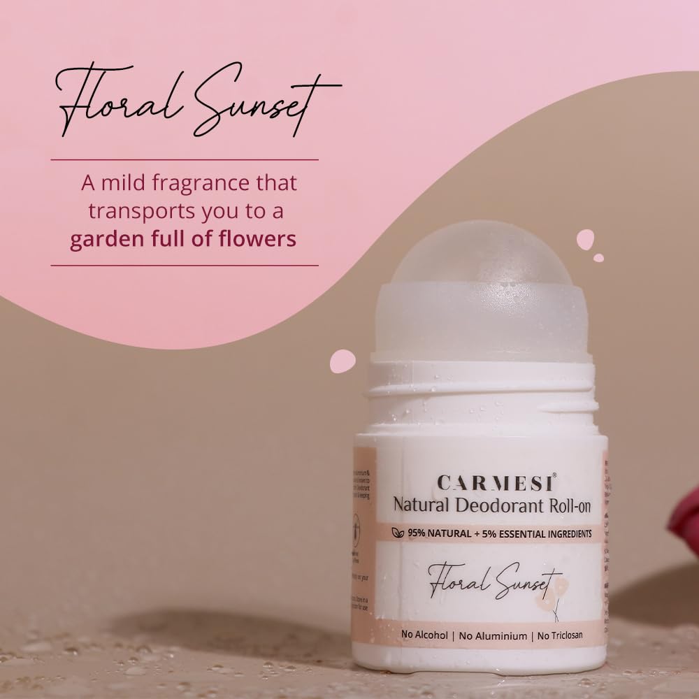 Carmesi Natural Deodorant Roll On - Floral Sunset | 95% Natural | Reduces Dark Underarms & Body Odor | No Aluminium & Alcohol-Free for Women | 1.69 Fl Oz (Pack of 2)