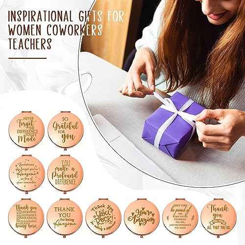 Kathfly 10 Pcs Thank You Gifts for Christmas Thanksgiving Women Mom Inspirational Compact Mirror Employee Appreciation Gifts Motivational Magnifying Pocket Mirror for Teachers(Rose Gold)