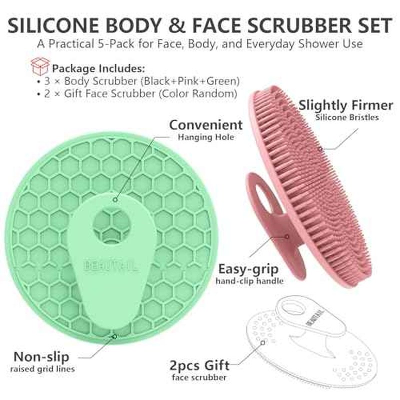Silicone Body and Face Scrubber Set 5 Pack, BEAUTAIL Shower Bath Scrubber, Gentle Exfoliating Brush for Women Men Sensitive Skin, More Hygienic Than Traditional Loofah, Long Lasting, Black+Pink+Green