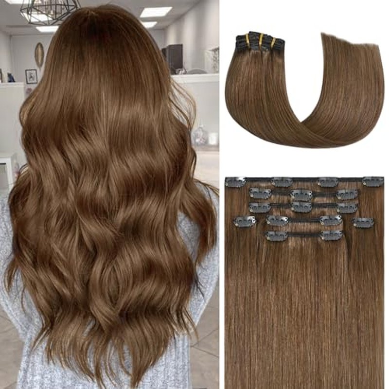 Honsoo Chestnut Brown Remy Clip In Hair Extensions Real Human Hair 18inch 70g 7pcs Sliky & Soft Clip ins