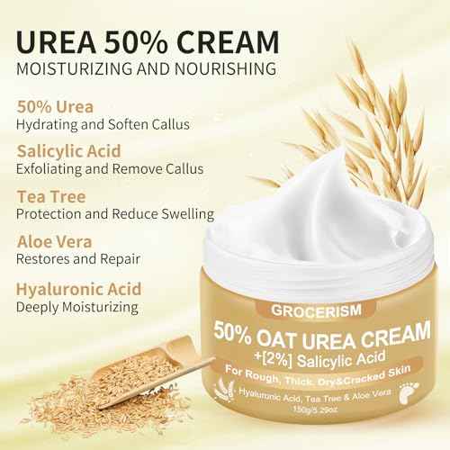 Urea Cream 50 Percent for Feet Maximum Strength 5.29 oz with Oat and 2% Salicylic Acid, Foot & Hand Cream included Hyaluronic Acid, Tea Tree and Aloe Vera for Deep Moisturizing, Callus Removing