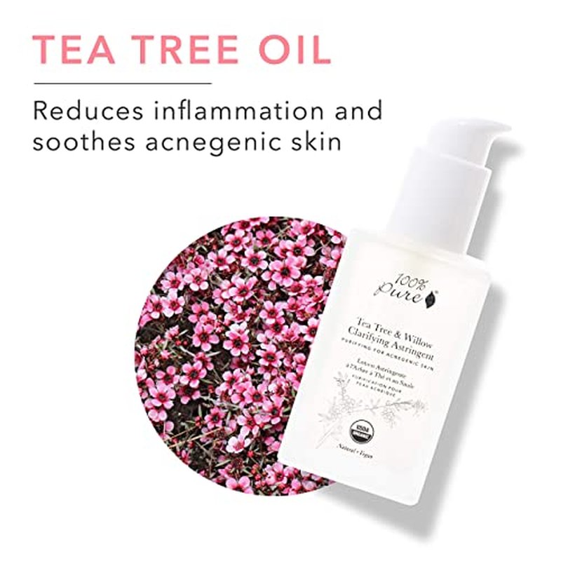 100% PURE Tea Tree & Willow Clarifying Astringent, Natural Acne Treatment, Alcohol Free, Hydrating Toner - 4 Fl Oz