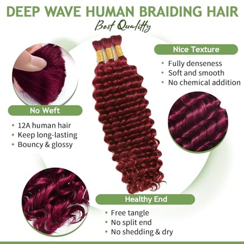 Human Braiding Hair for Boho Braids 120g 12A Deep Water Wave Bulk Human Hair Knotless Boho Braiding Curly 100% Virgin No Weft Extensions Bohemian Braids 3 Bundles/Pack Burgundy 20 Inch