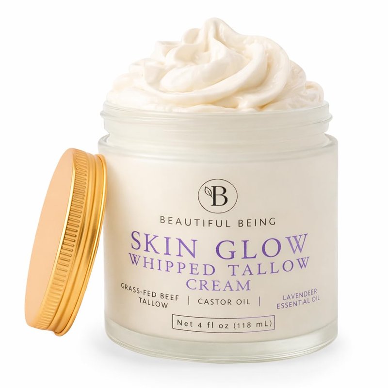 Beautiful Being SKIN GLOW - Grass-Fed Whipped Beef Tallow Natural Moisturizer Cream for Face & Body, Non-Toxic Ancestral Skincare for Dry & Sensitive Skin, Castor Oil Infused (LAVENDER, 4oz)