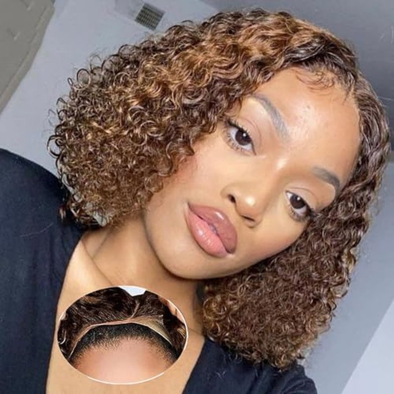 2/30 Highlight Bob Wig Human Hair 4x4 Wear and Go Glueless Wigs Pre Cut Lace 180% Density Deep Wave Human Hair Wigs for Black Women Beginner Friendly Highlight (Glueless Bob Wig, 8inch)