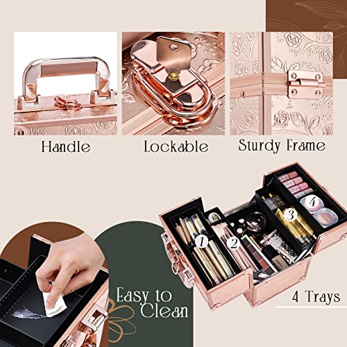 FRENESSA Makeup Train Case Cosmetic Box Portable Makeup Case Organizer 4 Trays Lock Travel Storage Organizer with Dividers Make Up Artist Vanity Hard Nail Spa Beauty Box Rose Gold Floral