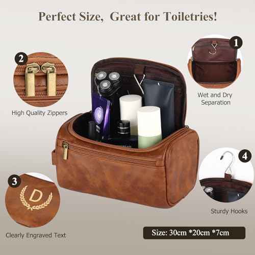 OXYEFEI Personalized Toiletry Bag for Men,Personalized Gifts for Men,Engraved Initial PU Leather Mens Toiletry Travel Shaving Travel Essentials Toiletries Bag for Him Birthday (J, Light Brown)