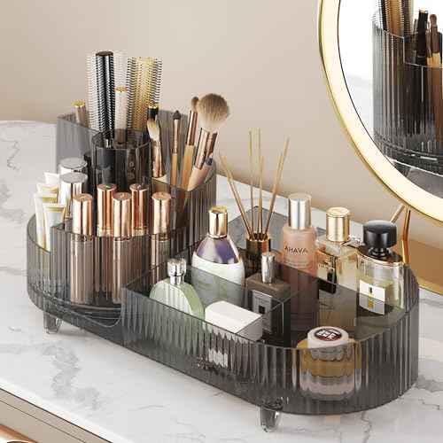 360¡Æ Rotating Makeup Organizer for Vanity - Large Capacity Cosmetic Display Case Countertop Cosmetic Storage Holder with Makeup Brush Holders £¨Gray£©