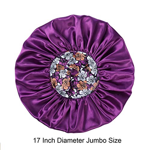 Silk Satin Bonnet Hair Cap: 2pcs 17inch Diameter Extra Large Jumbo Sleeping Satin Bonnets with Comfortable Flower Band - High Density Bonnets for Women Braids Curly Night Cap (Purple & Teal)