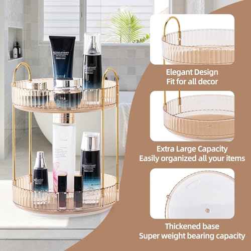 Makeup Organizer for Vanity, 360¡Æ Rotating Bathroom Organizer Countertop, High-Capacity Skincare Organizer, Spinning Cosmetics Organizer for Dresser Countertop (2 Tiers, Amber)