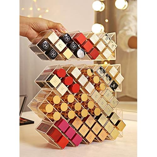 Lipstick Holder Organizer 64 Spaces Acrylic Stackable Fish Shape Lipstick Tower, Lip Gloss Storage Stand, Perfect for Lipgloss Organizers Makeup Vanity Display, Clear (4 Pack)
