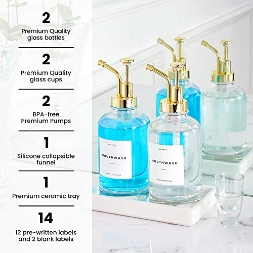 Molimoli Hand Bathroom Soap Dispenser Set, Glass Mouthwash Dispenser for Bathroom, Dish Soap Dispenser for Kitchen Sink, Soap Dispenser Pump, 500ml/16.9 Oz, Set of 2, Gold