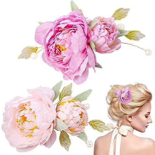 2pcs Silk Flower Hair Clips for Women, 2 in 1 Flower Brooch, Pearl Floral Hair Pins Barrettes for Women Girls Brides Party Wedding Decor Hair Buns Updo Holder Accessories- Pink & Light Pink
