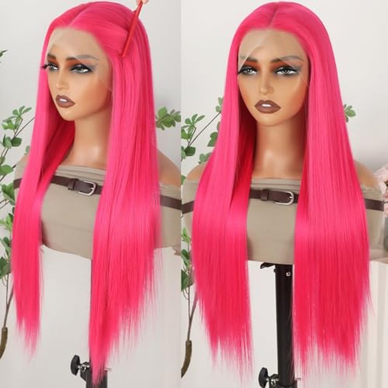 Hot Pink Lace Front Wigs Wear and Go Glueless Wig Pre Plucked Long Straight Hair Wig Magenta Pink Wigs Ready to Wear Wigs Heat Resistant Synthetic Lace Front Wigs for Women