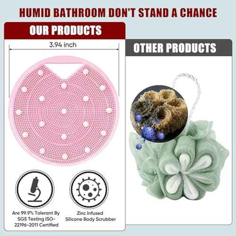 Relieve Skin Inflammation - Silicone Body Scrubber with Anti Zinc Infused-Stiff and Soft Bristles Exfoliating Body Shower Scrubber for Body,Lymphatic Drainage,Blood Circulation- Pink