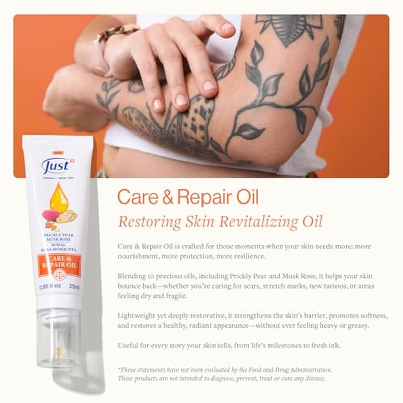 SwissJust - Care & Repair Oil - Premium Botanical Tattoo Aftercare, Skin Care with Prickly Pear & Musk Rose. Helps Reduce Stretch Marks - 25 ml