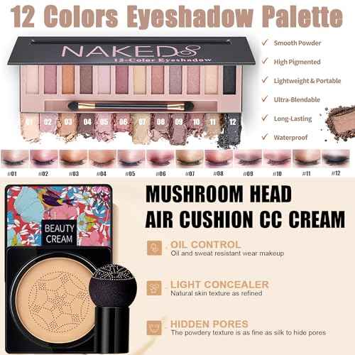 All in One Makeup Kit for Women Full Kit,Travel Make Up Gift Set for Women Teens Girls, Includes Eyeshadow,CC,Foundation,Lipstick,Mascara,Brush,Sponge,Brow Powder & Soap,Eyeliner,Primer,Contour,Bag