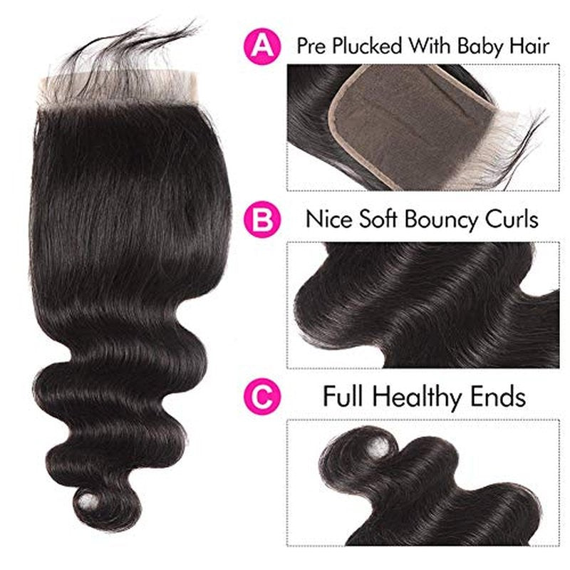 6X6 HD Transparent Lace Closure Human Hair Pre Plucked Closure Body Wave Brazilian Virgin Hair 6X6 Colsure With Baby Hair High Density Real Human Hair Wet And Wavy Natural Black 16 Inch