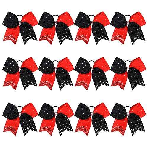 CEELGON Large Rhinestones Cheer Bows, 12 PCS Glitter 7" Cheer Bows Ponytail Holder for Cheerleaders Girls Hair Bows, Red/Black with Full Rhinestone