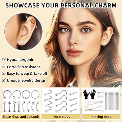 154PCS Mixed-pack Nose Piercing Kits for All Piercings,Stainless Steel Piercing Jewelry Kit 14G 16G with Piecing Needles for Ear Cartilage Tragus Nose Septum Lip Piercing Tools
