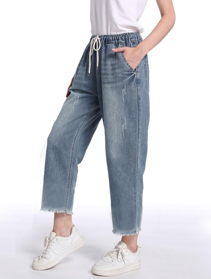 Cropped Jeans for Women - Loose Fit Cotton Denim Joggers with Elastic Waist & Ripped Details | Casual Style