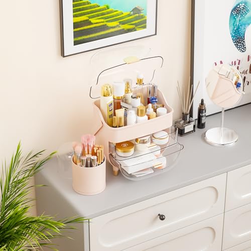 Yieach Countertop Makeup Organizer for Vanity,Large Capacity Skincare Organizers With Drawers and Makeup Brush Holder,Cosmetic Display Cases with Clear Cover for Bathroom,Dresser,Beauty Product,Pink