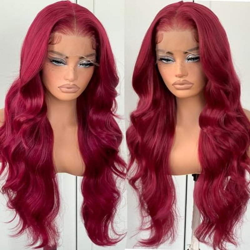 99j Burgundy Lace Front Wigs Pre Plucked Gluless Red Body Wave Lace Front Wigs Synthetic HD Lace Front Wig for Black Women 24 Inch