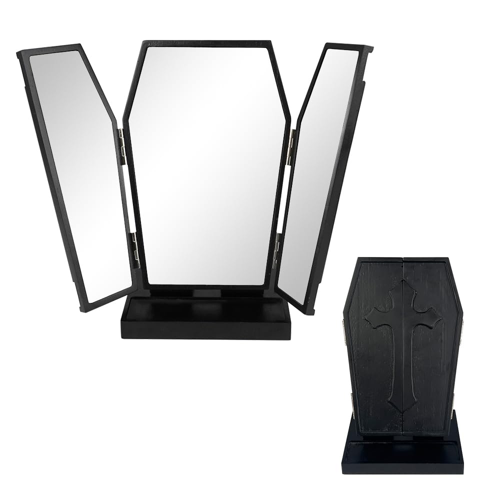 Gothvanity Gothic Coffin Trifold Vanity Mirror - Adjustable Angle Spooky Dark Aesthetic Makeup Mirror, Solid Wooden with Storage Tray, Dressing Table Decor for Goth Girls