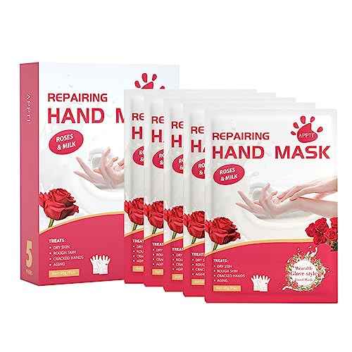 Hand Mask Gloves for Dry Hands, 5 Pairs Hand Repair Mask Gloves Disposable with Milk and Rose Extracts, Deep Exfoliating Gloves for Cracked Hands Repair and Instant Moisturization