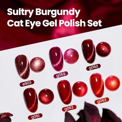 Beetles Red Cat Eye Gel Nail Polish Set - Sultry Burgundy Cat Eye Gel Polish, 6 Colors Burgundy Dark Red Glitter Red Magnetic Fall Gel Polish Kit Soak Off UV Nail Art Salon DIY Manicure Gift for Women