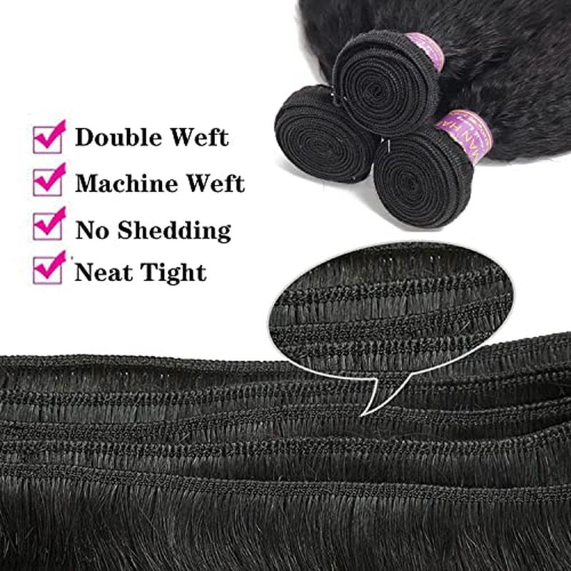 Kinky Straight Human Hair 3Bundles Natural Black Yaki Straigh Brazilian Virgin Remy Hair Grade 10A 100% Unprocessed Kinky Straight Human Hair Extensions (8 10 12 Inch, 3 Bundles)