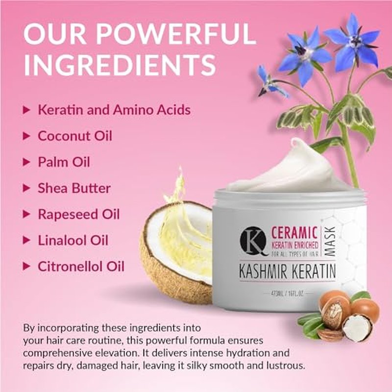 Kashmir Keratin Ceramic Hair Mask,deeply conditions dry, damaged hair, repairs with keratin, making it soft, frizz-free, hydrated, well-conditioned, and adds shine.(16 oz)