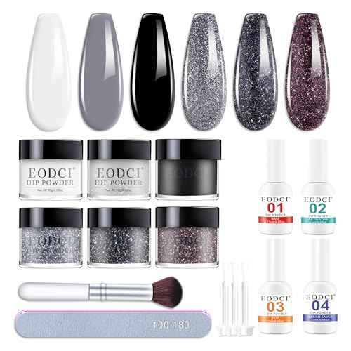 Dip Powder Nail Kit Starter, 6 Colors Glitter Dark Black White Dipping Powder Kit With Base & Top Coat/Activator/Brush Saver, Nail Art Manicure Salon DIY for Daily at Home Party Gifts for Women