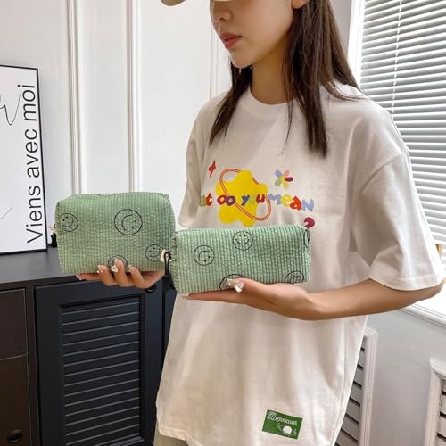 Small Cosmetic Bag set for Women Corduroy Makeup Bag with Interior Pocketes Cute Corduroy Makeup Pouches Women Small Toiletry Bag (Green Smile)