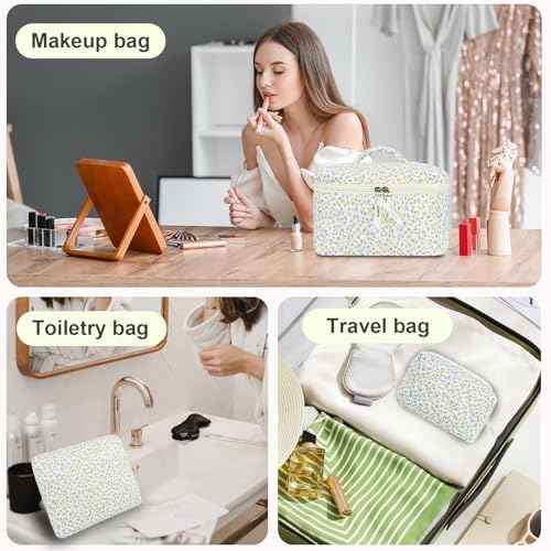 4Pcs Quilted Makeup Bag Set Cute Floral Cosmetic Bag Cotton Coquette Make up Bag Aesthetic Travel Toiletry Bag for Women Girls