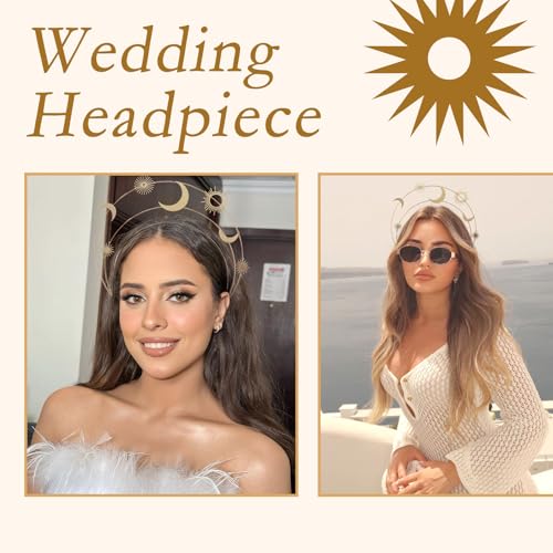 Gold Halo Crown Moon Stars Goddess Crown Alloy Goddess Headpiece Party Tiaras Crowns for Women Wedding Birthday Christmas Hair Accessories for Women and Girls