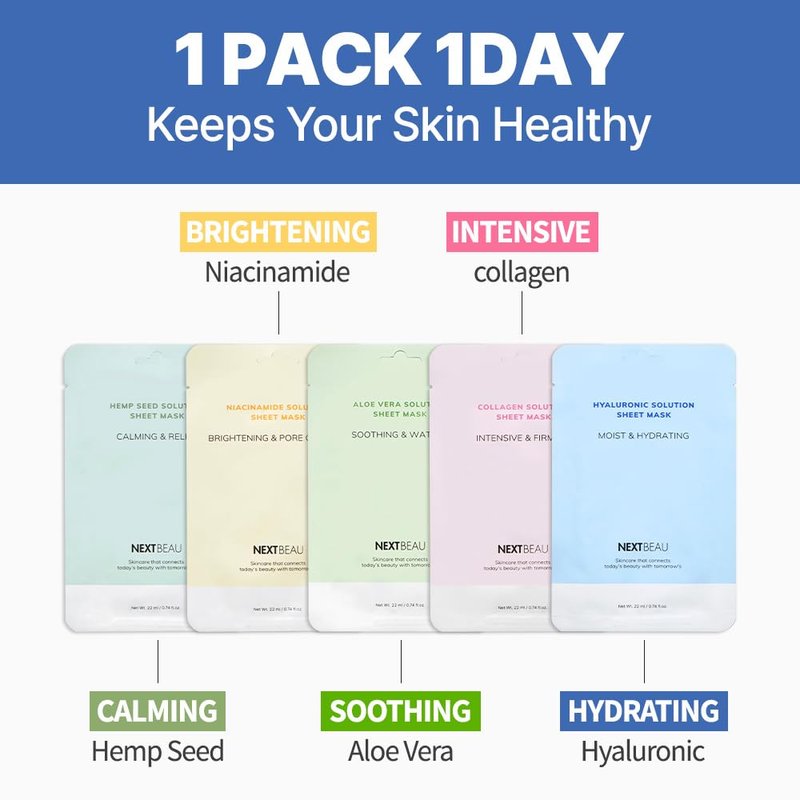 NEXTBEAU Solution Sheet Mask Variety Pack, 10 Count (5 Types x 2 Sheets), 0.74 fl oz Each, Korean Facial Sheet Masks for Daily Skincare