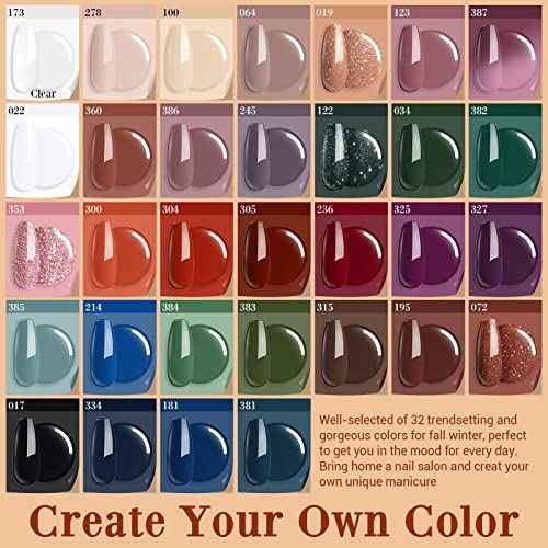 AZUREBEAUTY 42Pcs Dip Powder Nail Kit Starter, 32 Colors Green Nude Brown Blue Christmas Dipping Powder Set with Top/Base Coat & Recycling Tray for French Art Manicure Salon