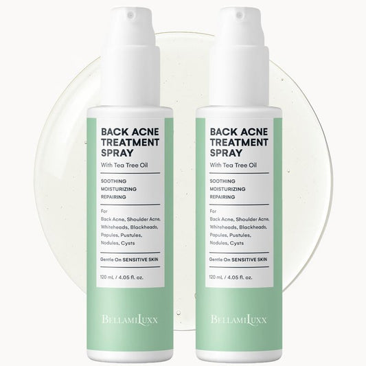 BellamiLuxx Back and Body Acne Treatment Spray: 2% Salicylic Acid & Tea Tree Oil Bacne Spray for Clear, Soothe & Moisturize - Effective for Men, Women, Teens with Back, Shoulder, Arm, and Chest Acne