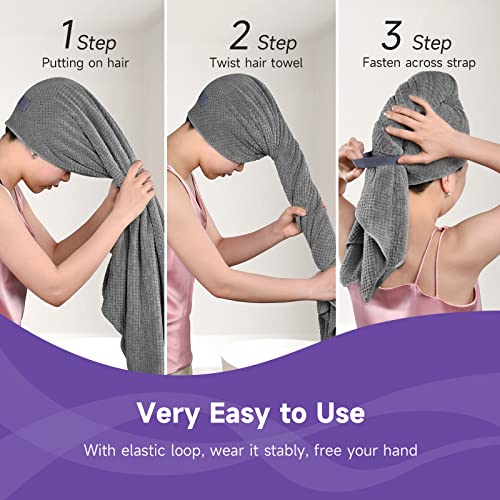 Umisleep Extra Large Microfiber Hair Towel for Women Long, Curly, Thick Hair, Super Soft Anti Frizz Quick Dry Hair Towel Wrap, Ultra Absorbent Hair Turban with Elastic Band Grey