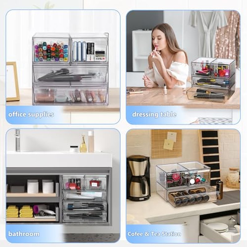 Homeanda 4 Pack Clear Stackable Storage Drawers, 12.1''W Acrylic Plastic Organizers for Makeup, Nail Polish, Snacks, Beauty Supplies, Ideal for Vanity, Bathroom, Undersink, Cabinet, Desk Organization