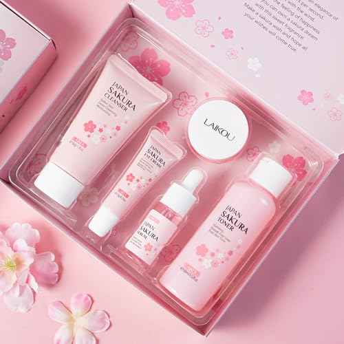 Skincare Gift Set Sakura Skin Care Travel Kit with Cleanser, Toner, Serum, Eye Cream, Face Cream for Women Girls (5pcs)