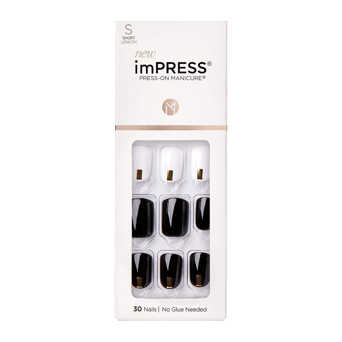 imPRESS Press-On Nails - Midnight Drive Black & White Squoval Shape | 30 Nails, Prep Pad & Manicure Kit