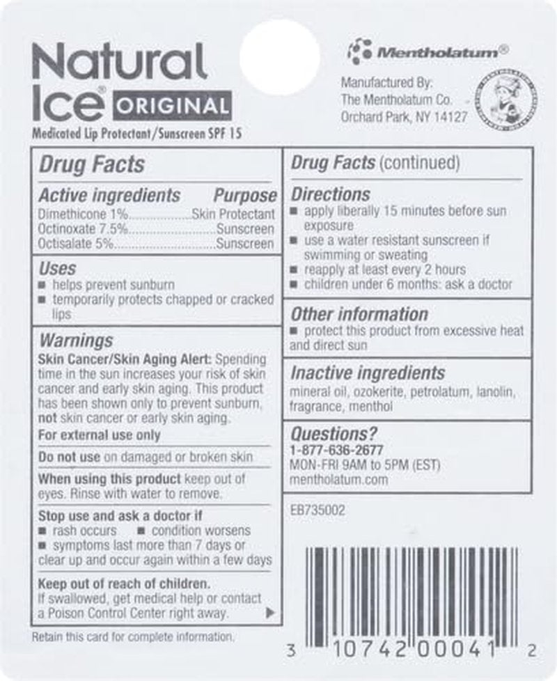 Natural Ice Lip Balm SPF 15 - Moisturizing Menthol Formula | Pack of 5