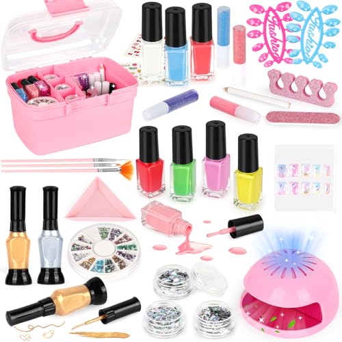Kids Nail Polish Set for Girls, Nail Art Kit with Nail Dryer & Storage Case, Non-Toxic Peel-Off Quick Dry Nail Polish for Kids, Birthday Christmas Gift for Kids Ages 6-12