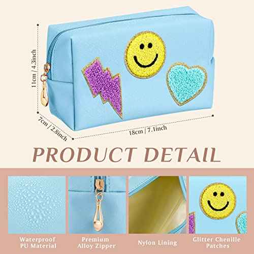 Sanwuta 12 Pcs Christmas Preppy Patch Makeup Bag Chenille Letters Cosmetic Bag PU Leather Preppy Organizer Small Smile Heart Toiletry Pouch Portable Waterproof Storage Purse Pouch for Women Adults