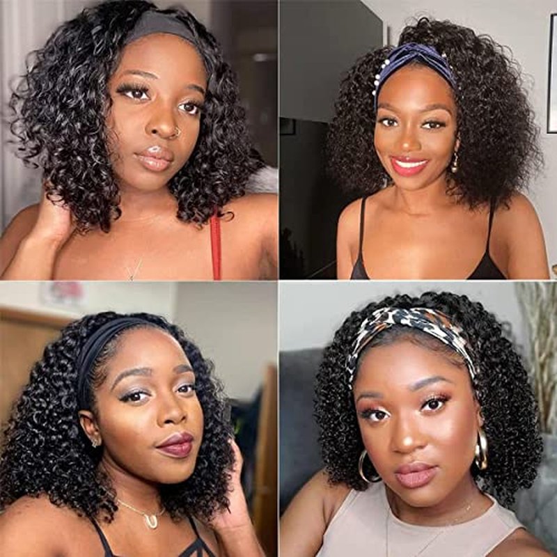 Short Curly Headband Wigs Human Hair Wig for Black Women, Glueless Kinky Curly Weave Wigs 100% Unprocessed Hair None Lace Front Wigs Color 1B 150% Density (14", 1B, Curly)