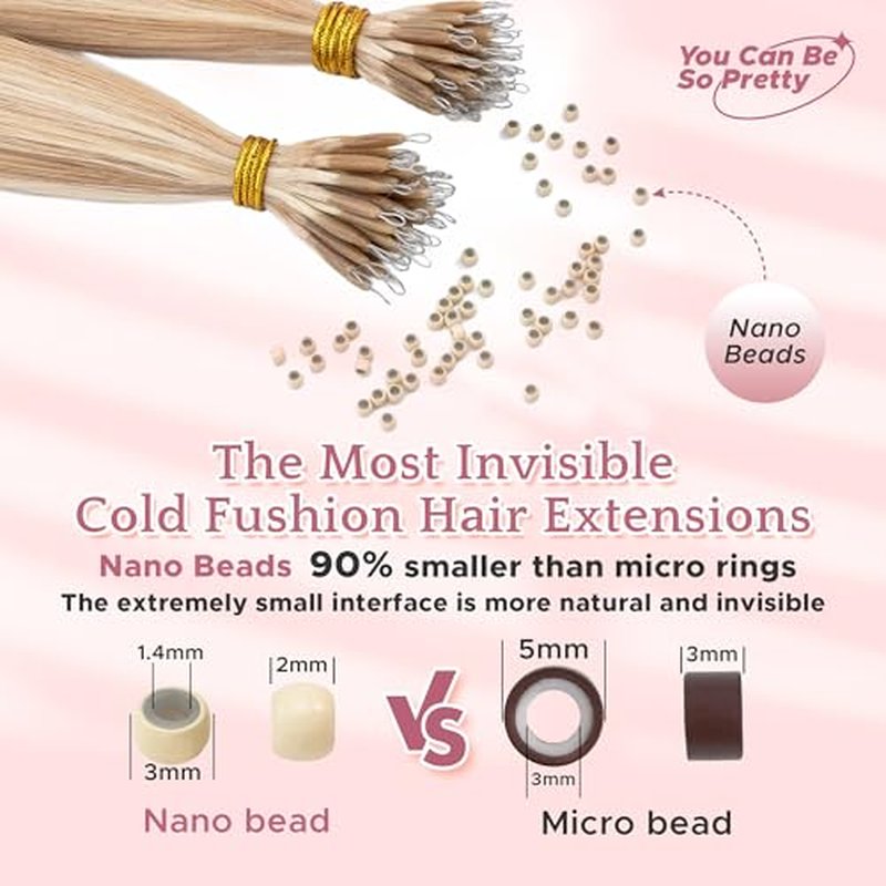 SEGO Nano Tip Hair Extensions Human Hair, Nano Beads Balayage Seamless Highlight Pre-bonded Extensions for Women, 0.7g/strand, 50 strands 35g/pack -20 Inch#18RP613R Ash Blonde&Bleach Blonde