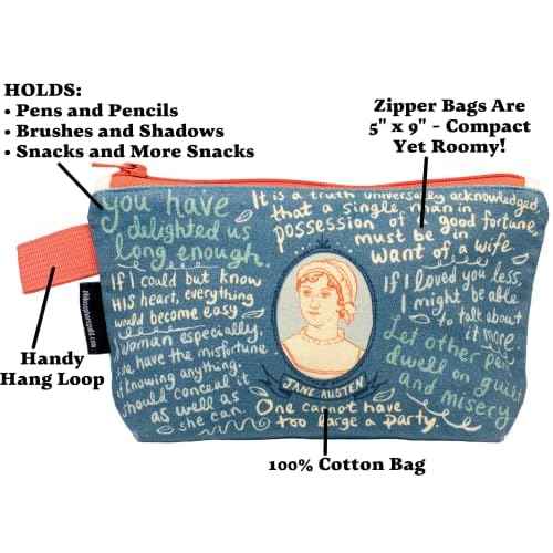 The Unemployed Philosophers Guild Jane Austen Bag - 9" Canvas Zipper Romance Themed Pouch for Pencils, Tools, Cosmetics, Toiletries and More